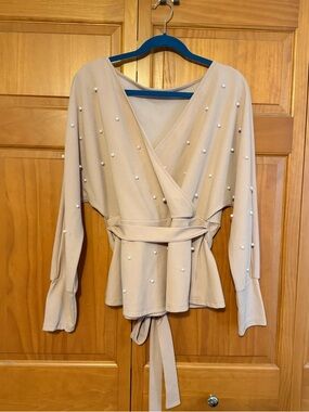 Pearl-Embellished Wrap Top in Pink with Belt